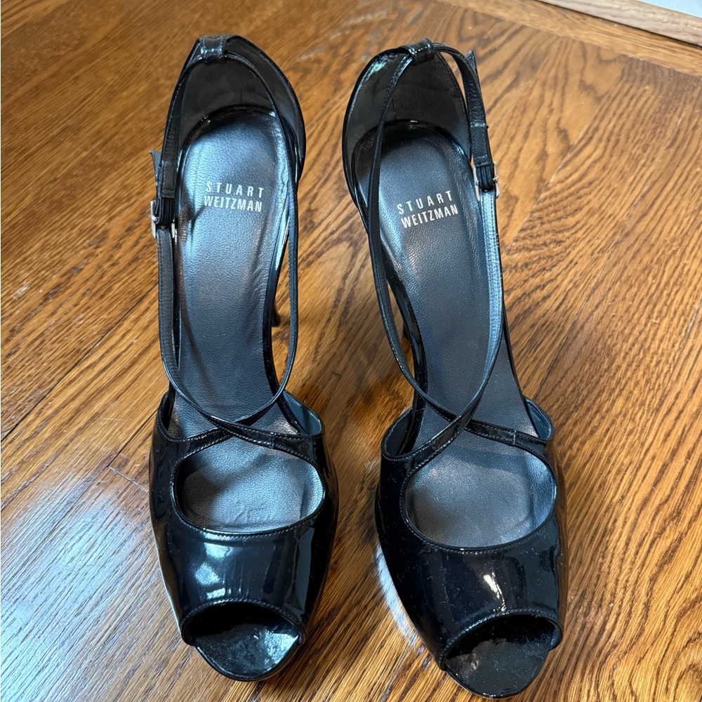 Stuart Weitzman Glossy Black Peep-Toe Heels
